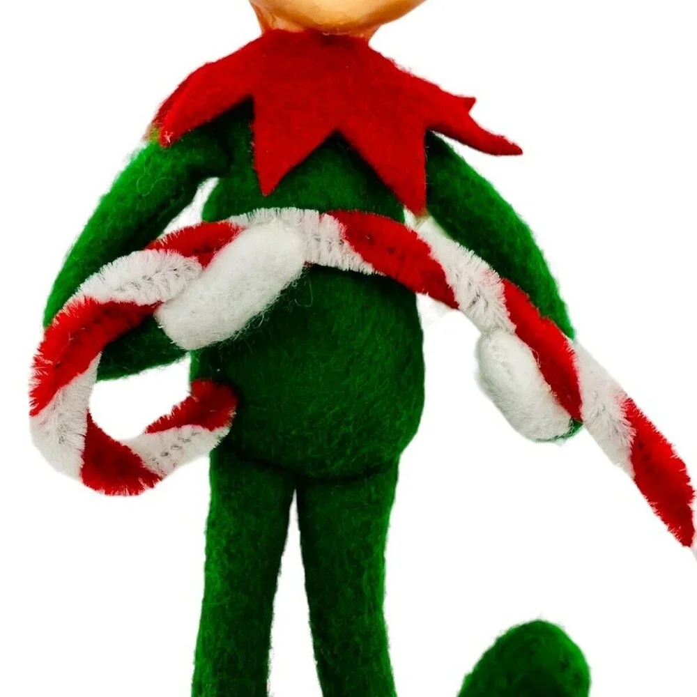 Seasons of‎ Cannon Falls Elf Pixie Ornament Green Candy Cane Poseable 8 inch